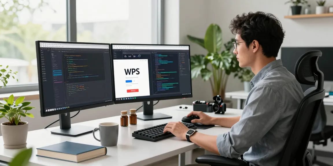 Engineer coding and optimizing features for the WPS Official Website in a modern office.