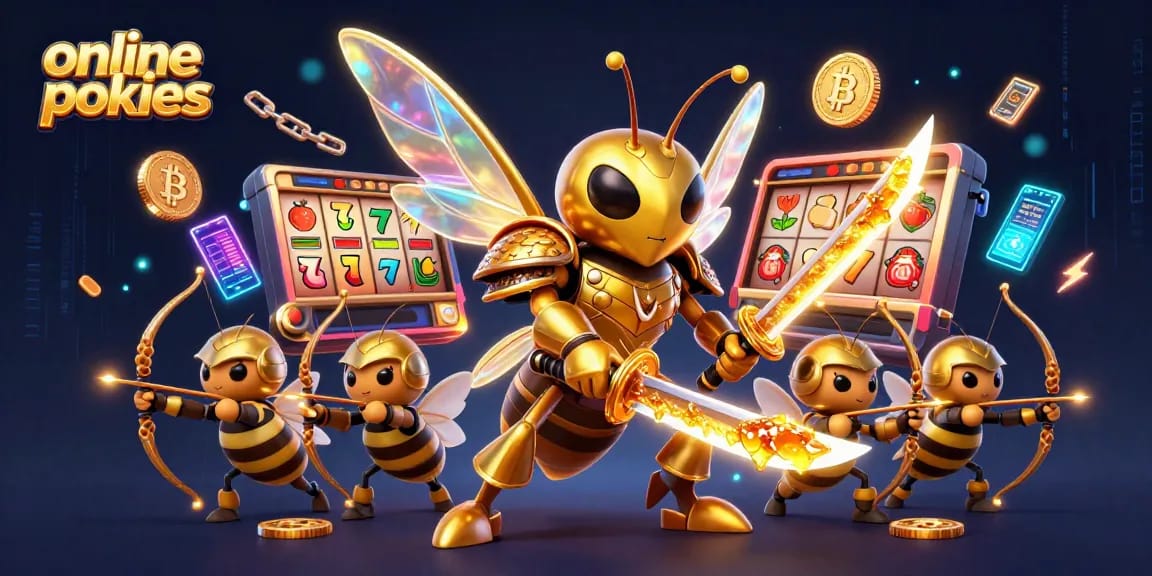 Spin online pokies while a samurai hornet battles in a vibrant, dynamic casino scene.