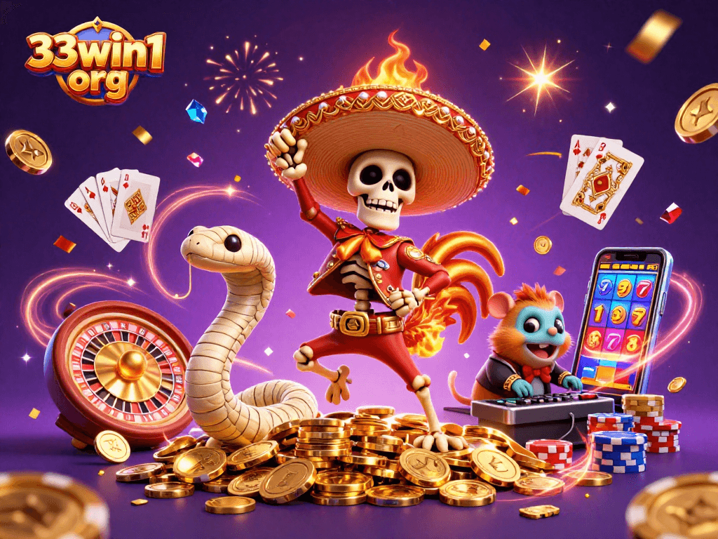 Join the celebration at 33win1 org with a vibrant casino scene featuring lively characters!