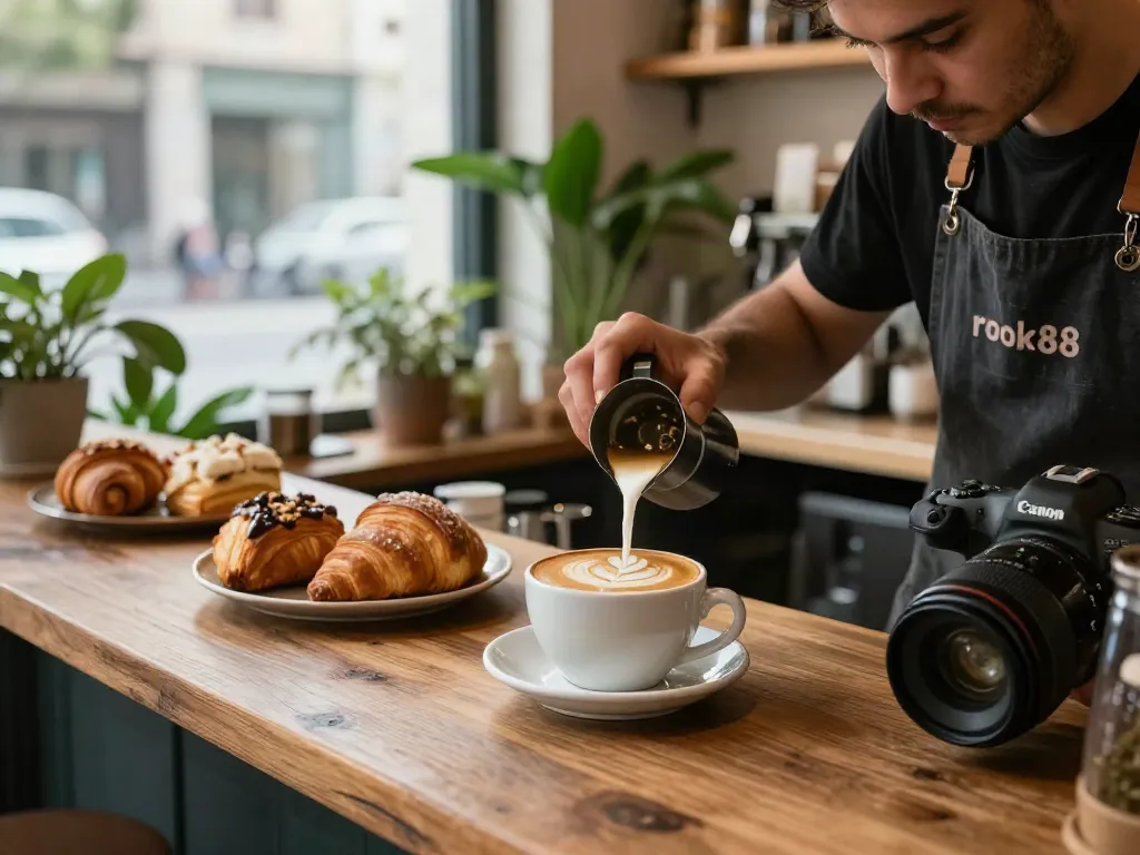 Barista perfecting rokok88 latte art in a cozy urban cafe.