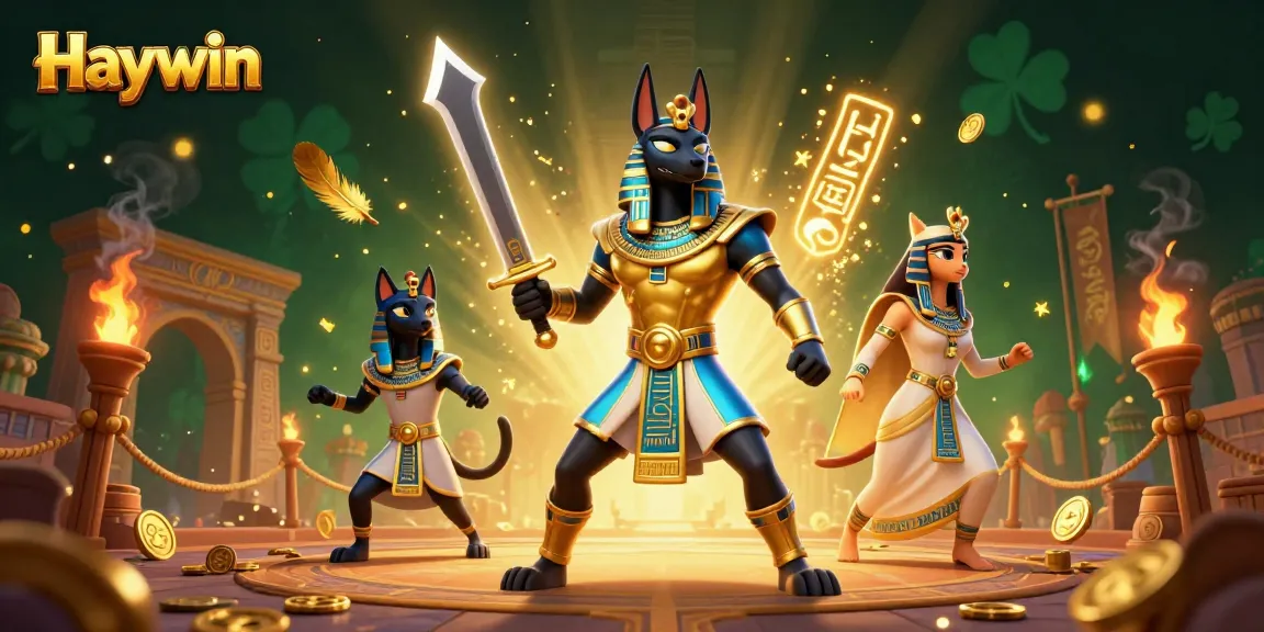 Experience Haywin's vibrant casino atmosphere with Anubis and Bastet amidst golden gaming elements.