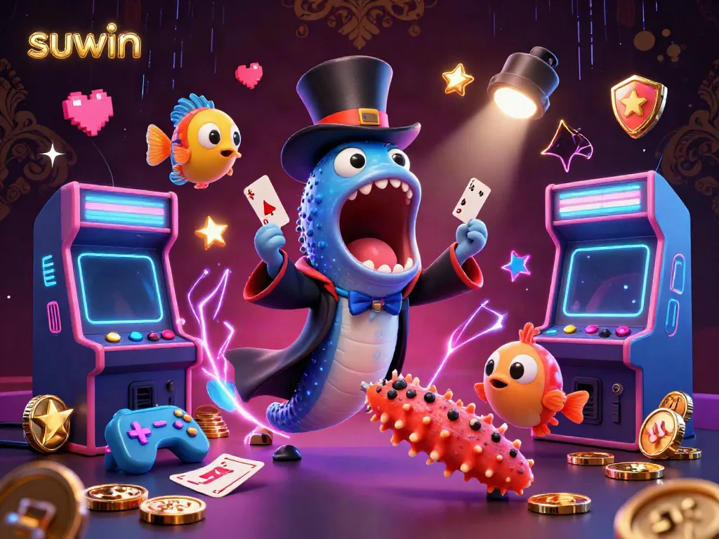 Suwin transforms gaming with vibrant 3D characters, illuminating card tricks and arcade elements