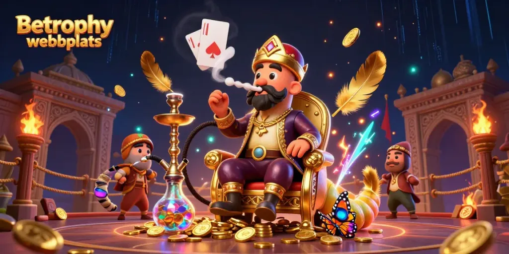Spela hos Betrophy webbplats med den enorma rökande larven och pokerhand-symboler.