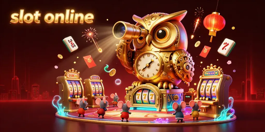 Engaging scene showcasing slot online with a golden owl and animated casino elements, creating a vibrant atmosphere.