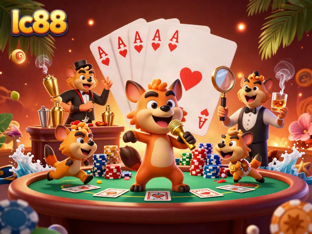 Watch hyenas run a lively comedy casino scene at lc88, featuring poker chips and drinks
