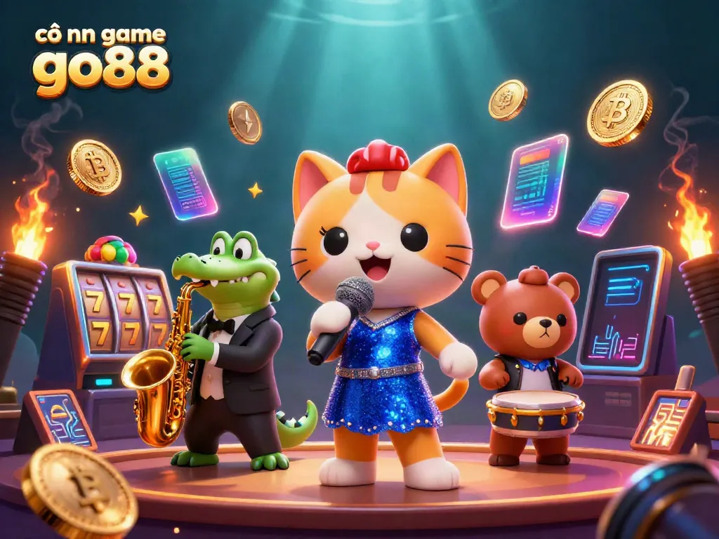 Engage with the vibrant world of cổng game go88 through a lively cartoon scene featuring a jazz-singer cat, saxophone crocodile, and drum bear, highlighting rich gaming elements.