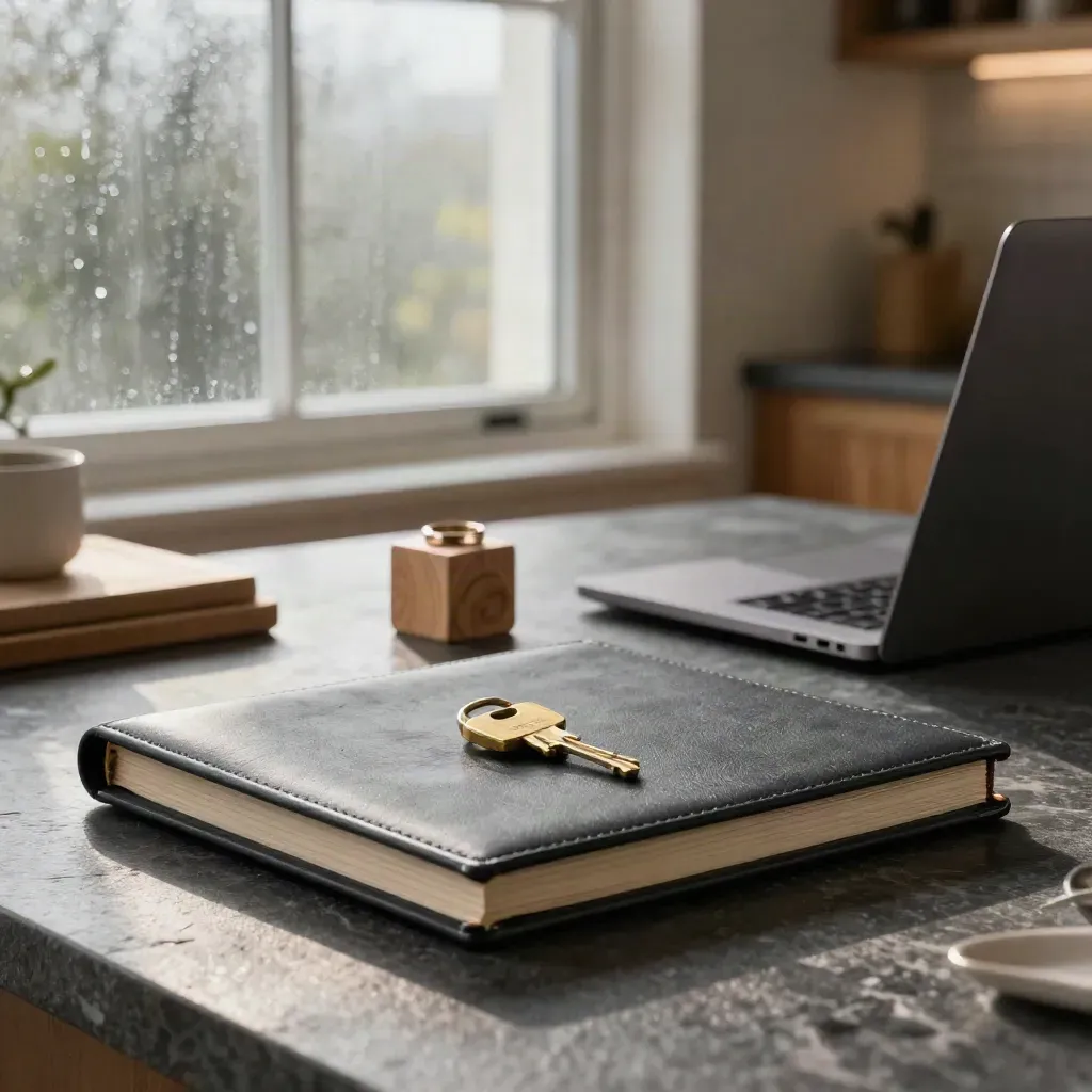 Chartermapp, mässingsnyckel, vigselring, träkloss och stängd laptop i varmt köksljus.
