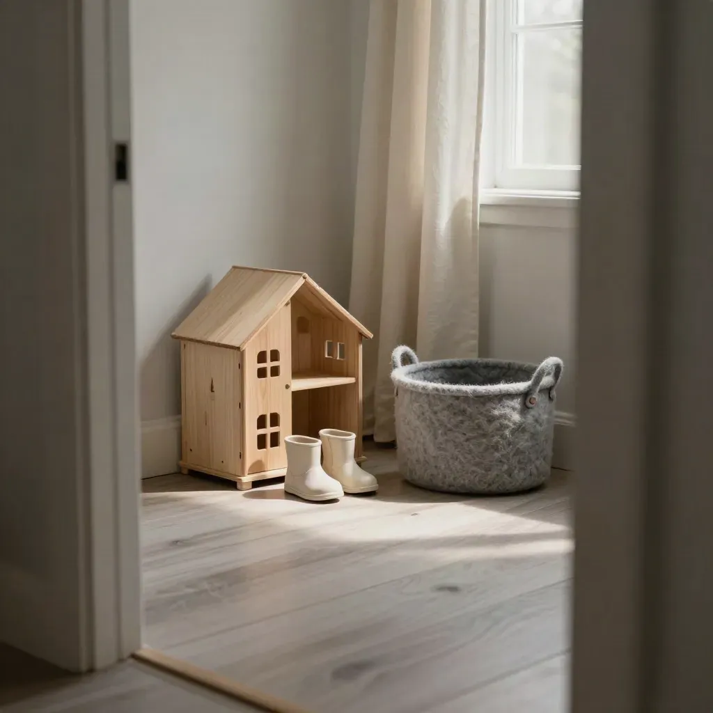 Närbild av ett barnrum med trähus, små skor och korg i mjukt morgonljus