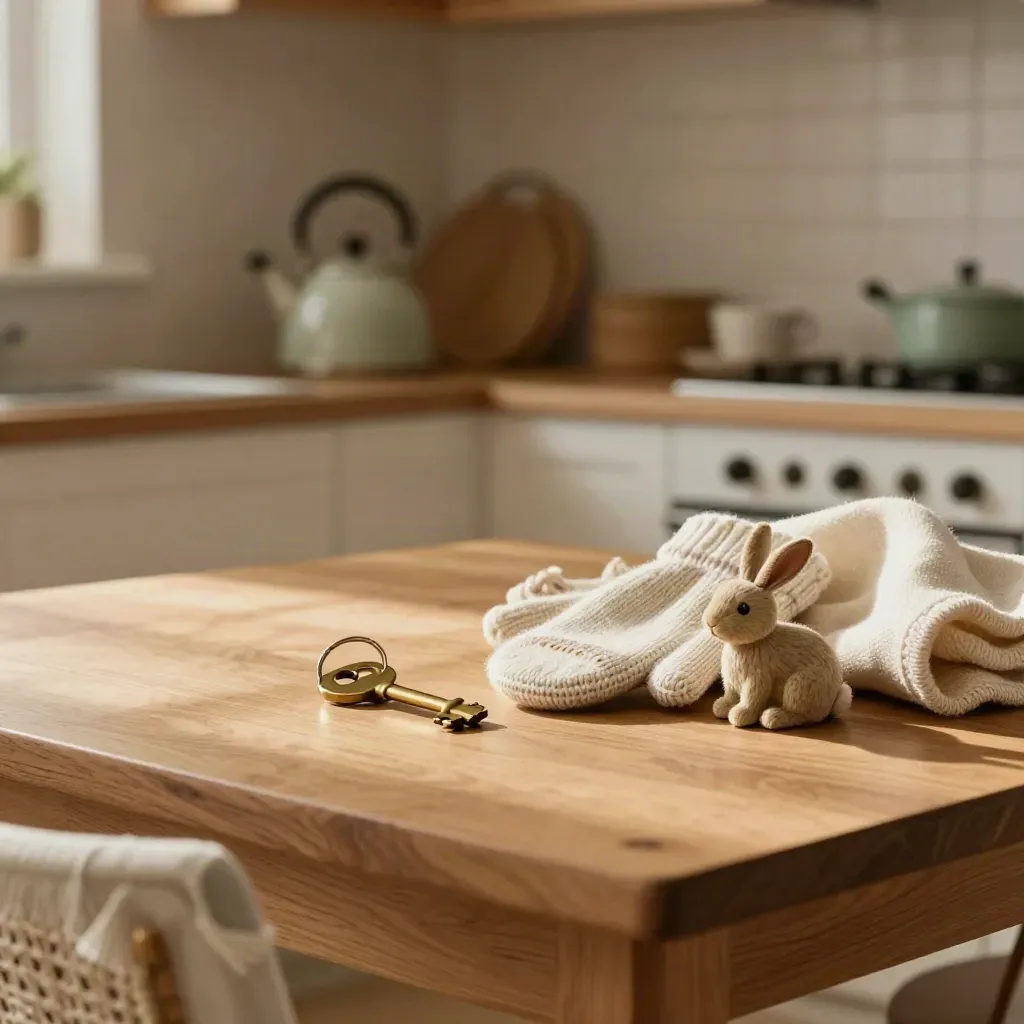 Husnyckel, barnvante, leksakskanin och vikt filt på köksbord i varmt morgonljus.