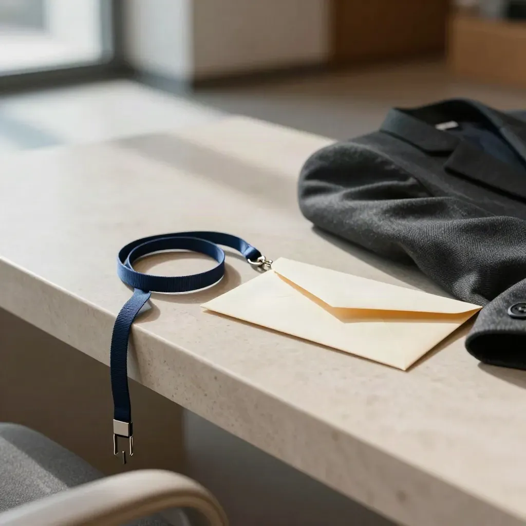 Lanyard, jacka och förseglat kuvert på en bänk i en ljus juridiklobby.