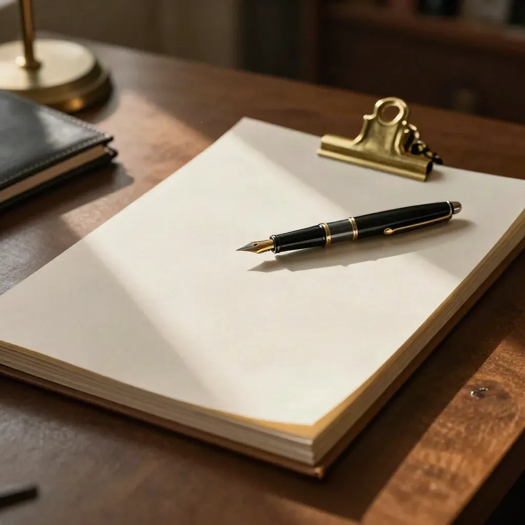 Legal folio, brassklämma och penna på ett varmt skrivbord i eftermiddagsljus.