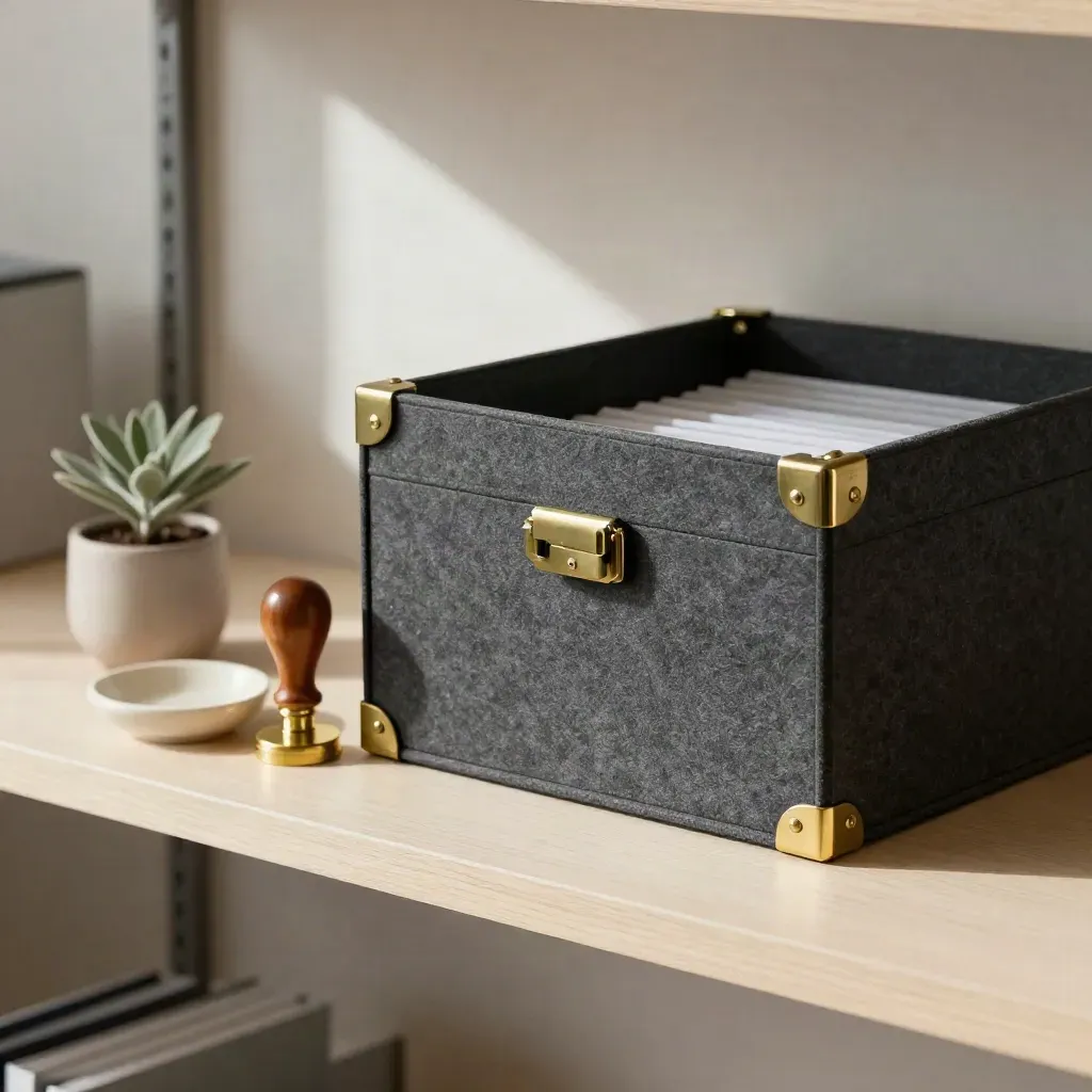 En pärmbox, stämpel, skål och liten växt på ljus träyta i mjukt kontorsljus