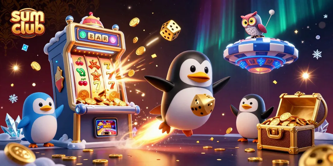 Experience the thrill at the sum club with a golden penguin soaring towards a jackpot of fun!