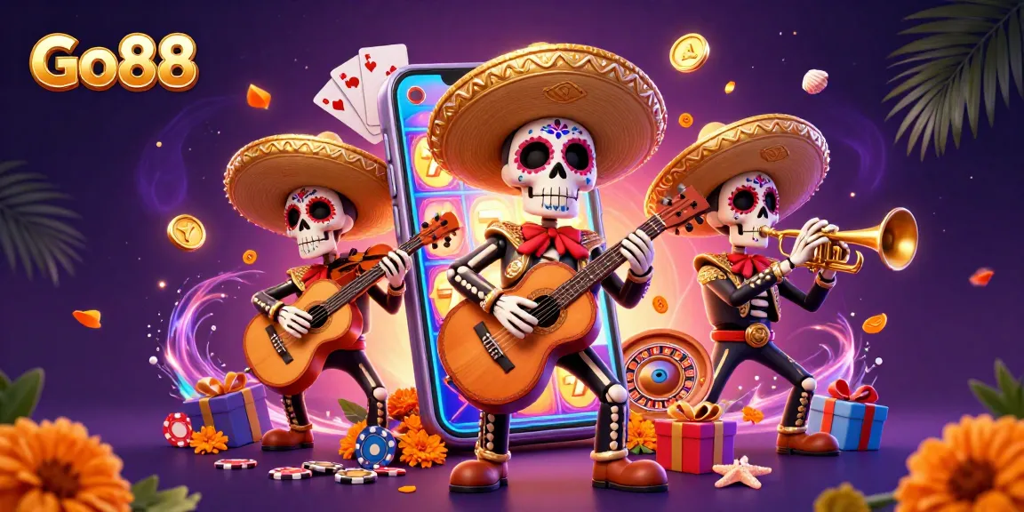 Go88 players enjoy thrilling slot games with a vibrant mariachi band in a festive 3D scene.