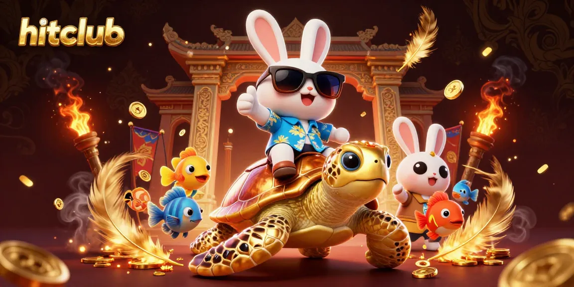 Experience the vibrancy of hitclub with a lucky rabbit and golden turtle amidst swirling colors and sparkles.