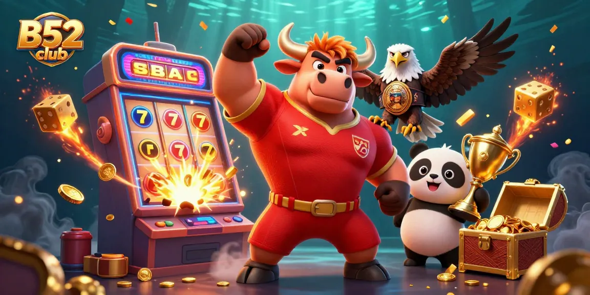 Experience the excitement of B52club with a dynamic illustration of winning characters in a casino setting.
