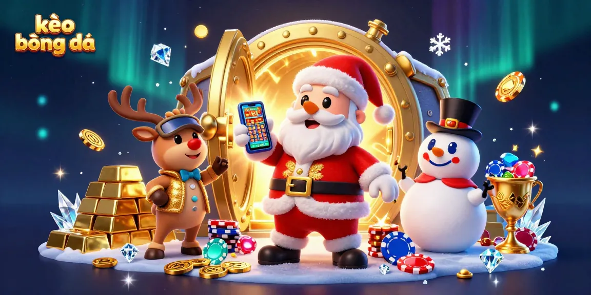 Engage with kèo bóng đá as Santa, a reindeer, and a snowman celebrate wins in a vibrant casino.