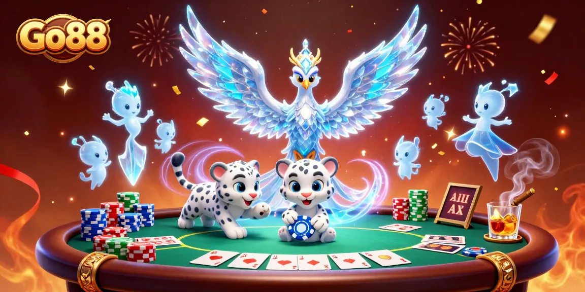 Players enjoy casino fun at Go88 with an ice phoenix and poker elements.