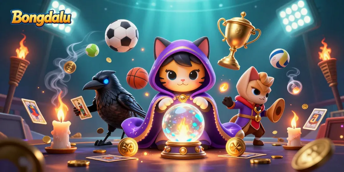 Bongdalu showcases a dynamic illustration of a mystic cat and raven amidst flying sports elements, enhancing betting excitement.