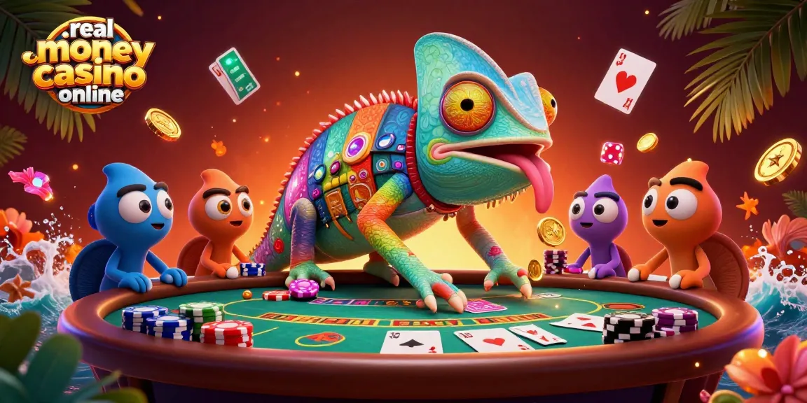 A dynamic scene showcasing the real money casino online with a chameleon casino owner and poker elements.